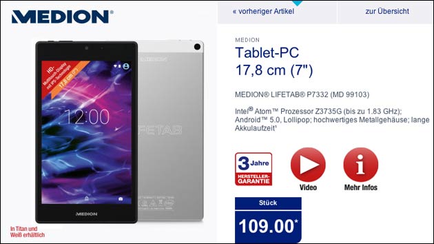 Günstiges Tablet: Medion Lifetab P7332 bei Aldi Nord!