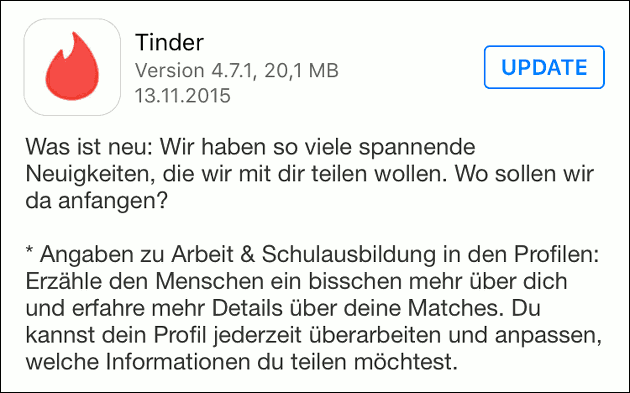 Tinder zeigt jetzt Arbeit und Studium