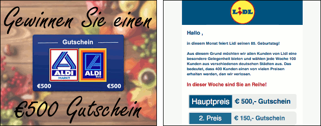 Vorsicht: Gefälschte Aldi + Lidl Gutschein-Angebote!