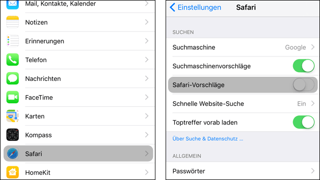 Safari Vorschläge abschalten