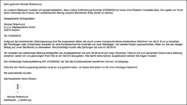 Vorsicht, Virus: "Offene Rechnung von Ebay an ... 27008503"