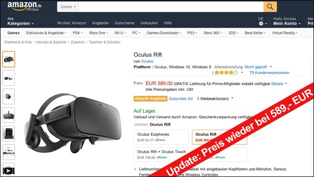 Angebot: Oculus Rift zeitweise ab 499,- EUR!