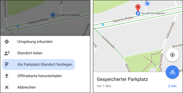 Google Maps Parkplatz speichern