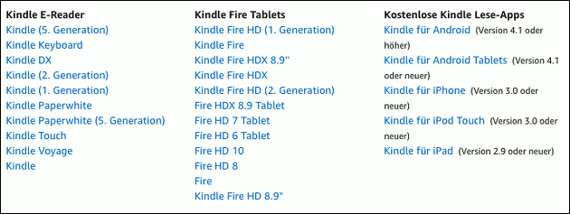 Amazon eBook kompatibel Geräte