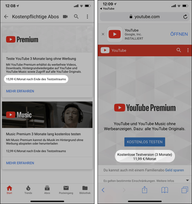 YouTube Premium iPhone billiger