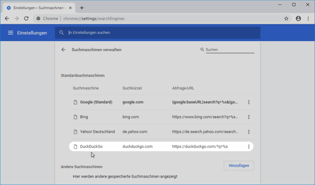 Chrome 73 bringt DuckDuckGo 
