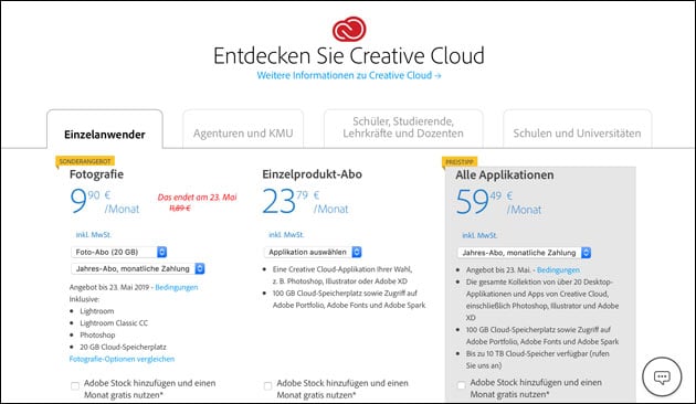 Adobe CC Foto-Abo Angebot