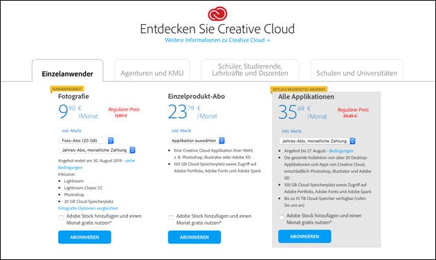 Adobe Creative Cloud Angebot