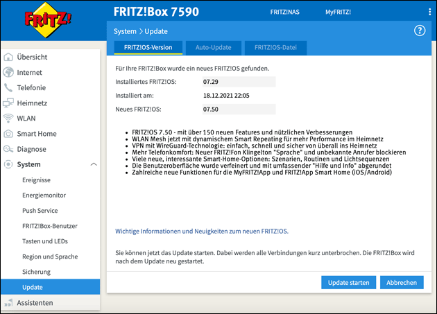 Fritz Box Update 7.50 installieren