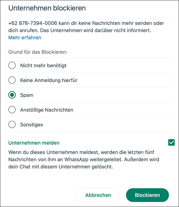 WhatsApp Kontakt blockieren und melden