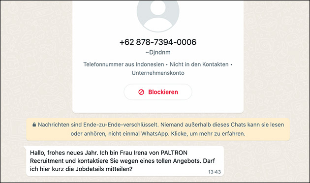 WhatsApp Spam: Frau Irena von PALTRON Recruitment