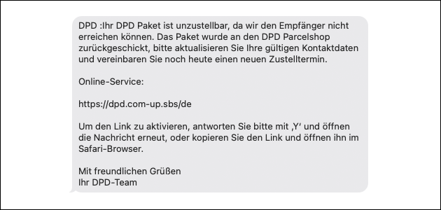 SMS: Ihr DPD Paket ist unzustellbar