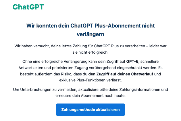 ChatGPT Phishing Email: Zahlungsmethode aktualisieren