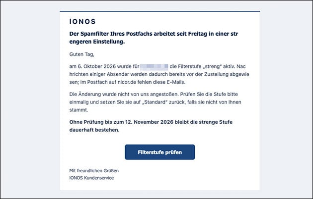 Ionos Email: Spamfilter mit strengerer Einstellung aktiv